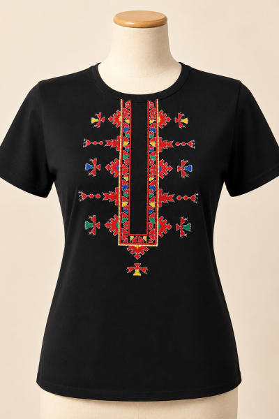 Lady's T-shirt with Bulgarian Embroidery Fragment