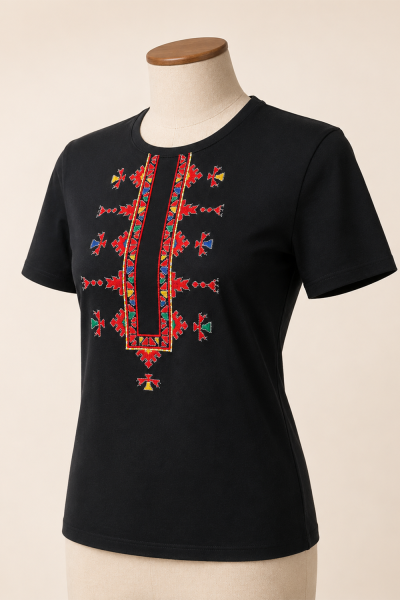 Lady's T-shirt with Bulgarian Embroidery Fragment