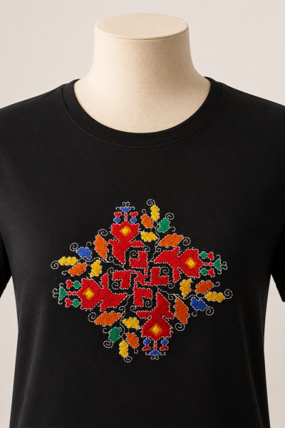 Lady's T-shirt with Bulgarian Embroidery Fragment